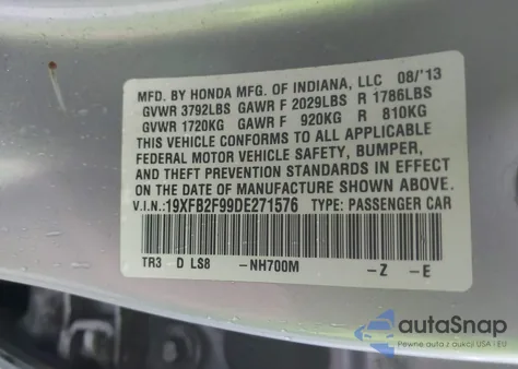2013 Honda Civic Ex-L z USA, uszkodzony, nr VIN 19XFB2F99DE271576
